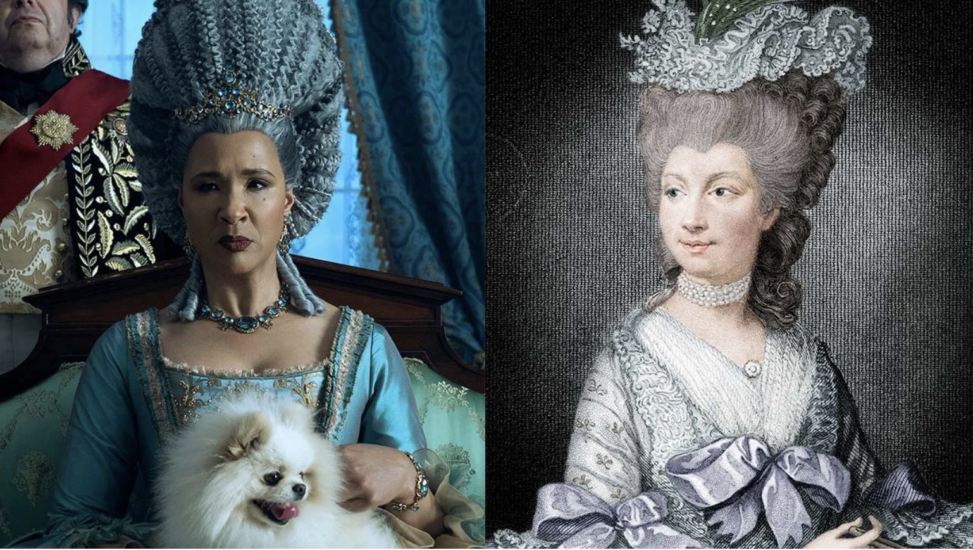 Image of Queen Charlotte (The Bridgerton character on the Left) and Queen Charlotte (The late Queen of England on the right)